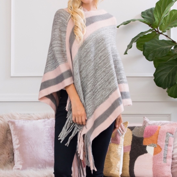 Clothos Sweaters - Sold. Gray & Pink Ultra Soft Poncho